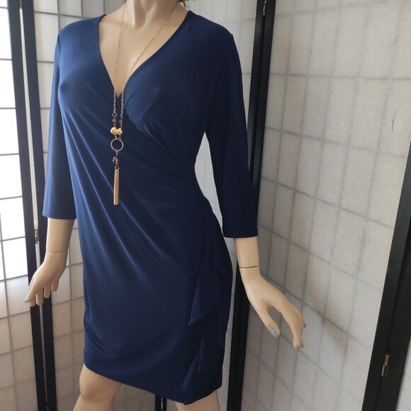 NWOT Nina Leonard Navy Blue Size M Faux Wrap Dress with Flattering Side Drape - Picture 5 of 11